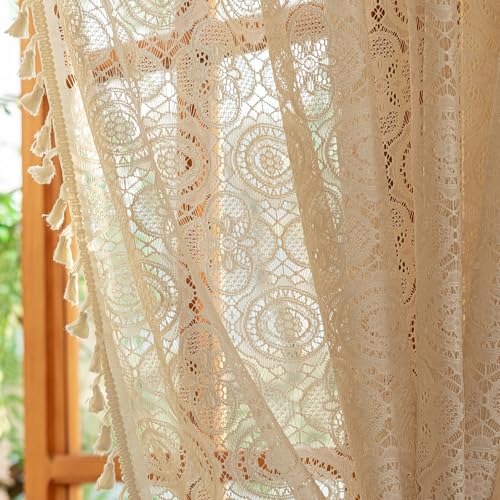 Kotile Beige Lace Boho Curtains with Tassels, 60 x 80 Inch, 1 Panel - Rod Pocket Ease, Crochet Lace For Crafted Charm, Gentle Light, Warm Serenity, Privacy for Comfort, Elongated Bedroom Flow