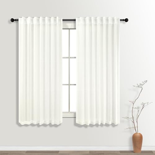 KOUFALL Kitchen Curtains 45 Inch Length, Linen Boho Cafe Privacy Rod Pocket Short Sheer Curtains for Living Room Bedroom Ivory Off White