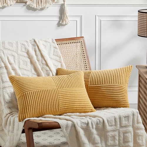 Fancy Homi 2 Pack Decorative Lumbar Throw Pillow Covers Rustic and Boho Striped Soft Corduroy Velvet Rectangle Cushion Cases for Couch Sofa Bed Sofa Interior Decor Golden Yellow 35cm (13.8 inches)