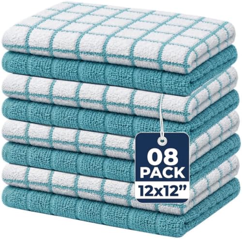 "Bumble Premium Cotton Dish Cloths (12"" x 12"") Aqua Check Design - Highly Absorbent - Natural Ring Spun Cotton - Kitchen Dish Towel Set - 380 GSM - 8 Pack"
