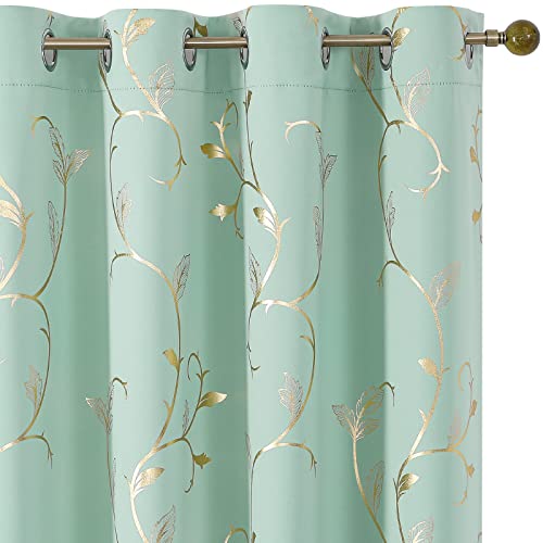 BUHUA Blackout Curtains 84 Inches Long, Gold Foil Print Pattern Room Darkening Curtain, Living Room Curtains & Drapes, Thermal Insulated Window Panel Set, 66 x 84 Inch, Aqua