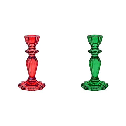 Beautiful & Decorative Glass Candlestick Holder Stand, Ideal, Valentines, Christmas or Wedding Anniversary Present Red and Green