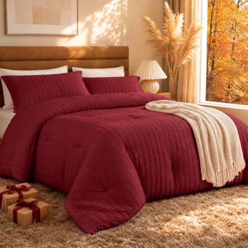 Quataly California King Comforter Set Dark Red,3PCS Seersucker Lightweight Bedding Comforter for All Season, Calking Size(104''??96'' Comforter & 2 Pillowcases)