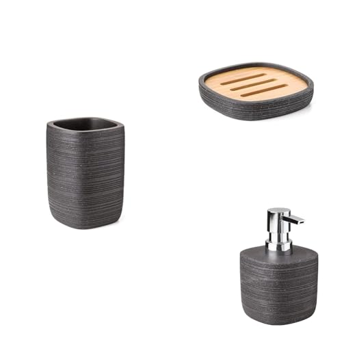 TATAY Bambu Tabletop Collection Tumbler, Dark Gray + Bambu Tabletop Soap Dish, Dark Grey. + Bambu Tabletop Dispenser, Dark Gray.