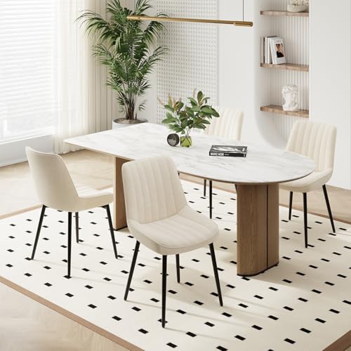 COLAMY Velvet Dining Chairs Set of 4, Velvet Chairs for Dining Room with Metal Legs and Thick Seat Cushion, Upholstered Kitchen Chair with Anti-Slip Pads, Beige