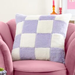 furn. Heya Home Cozee Check Faux Fur Cushion – Ultra-Soft Checkerboard Design Polyester Filled (Lilac – 50 x 50 cm, Pack of 1)