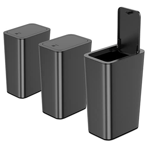 NetDot N 3 Pack 10 L/2.6 Gal Bathroom Trash Can with Lid, Small Kitchen Trash Can with Press Type Lid, Black Trash Can/Slim Garbage Cans/Trash Bin/Waste Basket for Bathroom,Kitchen,Office,Bedroom