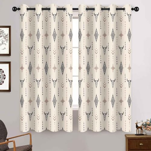 AHBEWIN Aztec Western Blackout Curtains 2 Panels Tribal Bull Skull Boho Drapes Native Cowboys Ethnic Rustic Grommets Window Curtain Drapes for Bedroom Kitchen Living Room, 52x63in