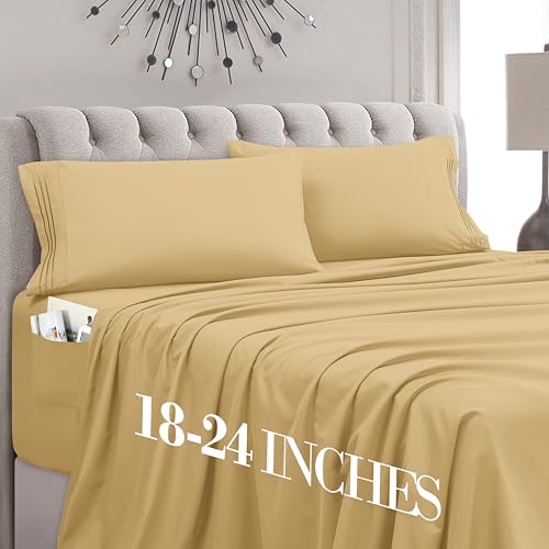 Mocassi Full Size 4-Piece Bed Sheet Set - 1800 Premium Hotel Quality Microfiber 18-24 Inches Extra Deep Pocket Fitted Sheet- Luxury Soft, Breathable, Wrinkle, and Fade Resistant, Gold
