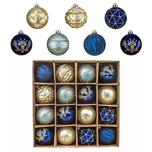 Valery Madelyn Christmas Tree Decorations Set for Mardi Gras, 16ct Blue Gold Shatterproof Ball Ornaments, 3.15 Inches Peacock Hanging Ornaments for Xmas Holiday Decor