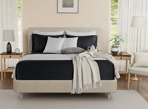 100% Egyptian Cotton Sheets Queen Size Set, 800 TC Deep Pocket Queen Sheets Set, Soft Breathable Sateen Weave 4 PC Elasticated Sheet & Pillowcase Sets, No Pill & Shrink, Fade Resistant- Black