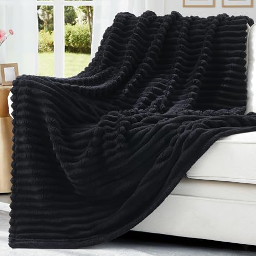 decorUhome Black Fleece Twin Blanket 60x80 Inches - Soft Couch Cozy Fluffy Plush Flannel Striped Blanket for Sofa Bed, Lightweight Decorative Ribbed Fuzzy Blanket for Woman