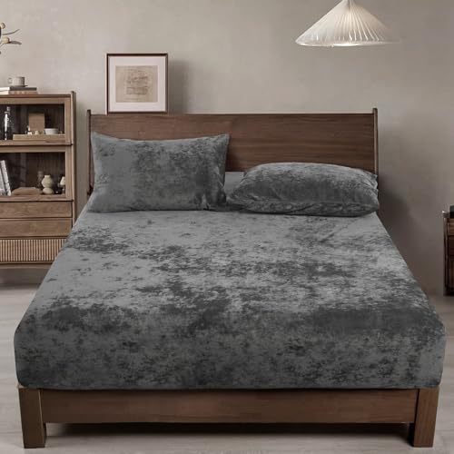 PHF Truly Velvet Fitted Sheet King Size, 1 Pack Luxury Super Soft Cozy Comfy Bed Sheets with 15'' Deep Pocket,Suitable for Fall Winter and Spring, No Pillowcases, Charcoal/Dark Grey