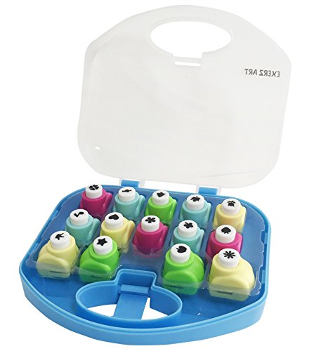 EXERZ Paper Punch Set 14 Shapes Kids Craft Scrapbook Cards DIY Art Kit - Blue Compact Storage Box Easy Press Lever Clean 1cm Cutouts For Greeting Cards Photo Albums And Creative Paper Projects
