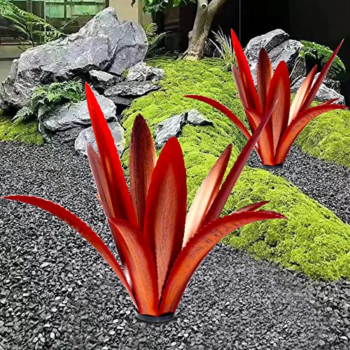 TOMBABY Enlarge Thickened Wind Resistant Metal Agave Garden Art Metal Plant Country Garden Sculpture Statue Outdoor Decoration Agave Metal Plant Courtyard Garden Lawn Ornament Gift (2, 12 Leaves red)