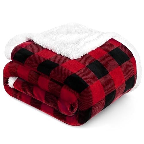 PAVILIA Black and Red Buffalo Plaid Sherpa Fleece Throw Blanket for Couch Twin, Soft Flannel Blanket for Sofa Bed, Christmas Checkered Blanket & Throws, Warm Cozy Decorative Blanket Fall Gift, 60x80