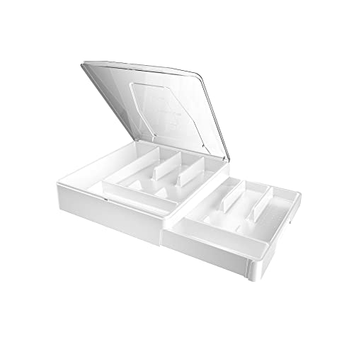 Kurberson Double Layer Silverware Tray with Lid, Drawer Organizer for Utensil Tray, Cutlery Storage Holder with Cover, White