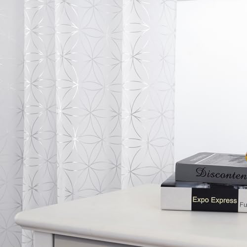 "Taisier Home Silver Linen Grommet Window Curtain Panels Metallic Geo Moroccan Tile Foil Print White Semi Sheer Draperies for Bedroom Living Room,Light Filtering Window Treatments,52"" Wx72 L,2 Panels"