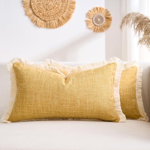 DAPTSY Boho Lumbar Throw Pillow Covers with Tassels 12x20 Pillow Cover Faux Linen Farmhouse Decorative Cushion Covers Mustard Yellow for Sofa Bed Living Room Home Decor Set of 2