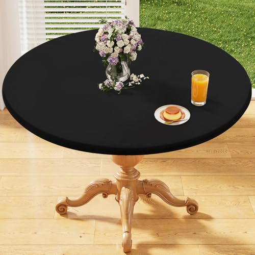 "homing Round Fabric Fitted Tablecloth, Elastic Waterproof Oil Proof Table Cloth, Washable Polyester Table Cover Fits 18""-24"" Round Tables for Outdoor Picnic Dinner, Black"