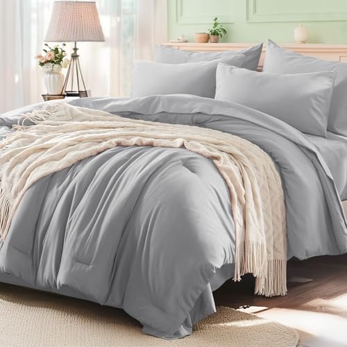 Anluoer Light Grey Queen Comforter Set 7 Pieces, Bed in a Bag with Sheets, All Season Bedding Sets with 1 Comforter, 2 Pillow Shams, 2 Pillowcases, 1 Flat Sheet, 1 Fitted Sheet