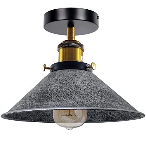 LEDSone Flush Mount Ceiling Lighting LED Lights Island Semi Flush Light Fitting Metal 22cm Cone Lamp Shade for Hall, Living Room, Lounge Brushed Silver with Bulb
