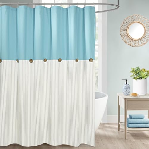 DOSLY IDÉES Farmhouse Teal Shower Curtain for Bathroom,Beige and Blue Stripe,Button Curtain,Cotton Blend Woven Fabric,Rustic Charm Country Chic Style,72x72 in