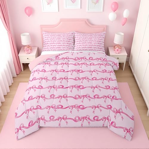 Erosebridal Cute Pink Bow Twin Bedding Sets for Girls - Coquette Ribbon Bows Comforter Set for Kids Teen, Kawaii Preppy Bowtie Striped Bed Set, Princess Room Decor, 1 Pillowcase