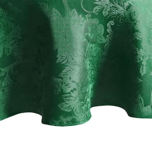 "Elrene Home Fashions Poinsettia Elegance Jacquard Christmas/Holiday Waterproof Stain Resistant Dining Tablecloth, 60""X84"" Oval, Green"