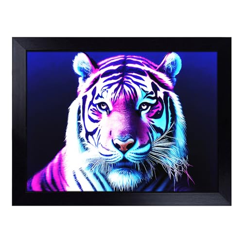 Lap Tray with Bean Bag Cushion, Neon Tiger - Handmade in the UK, Raised Wooden Edge, Padded Cushion, Heat-Resistant Wipe-Clean Surface, for Meals, Laptops and Crafts