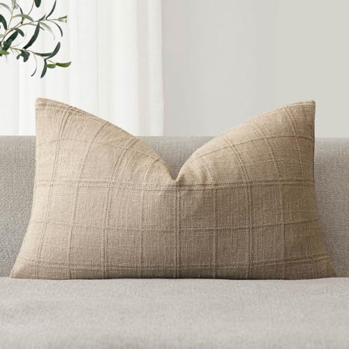 Foindtower Set of 1 Decorative Linen Check Throw Pillow Cover Neutral Farmhouse Lumbar Cushion Cover Modern Coastal Boho Home Decor for Sofa Chair Couch Bedroom Living Room,12??20 Inch,Camel
