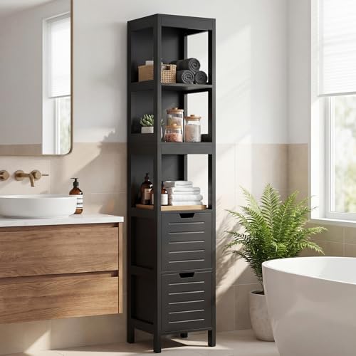 CASART Bathroom Floor Cabinet, Freestanding Tower Rack with 2 Drawers and 3 Open Shelves, Wooden Tall Cupboard Storage Organizer for Bathroom Living Room Kitchen (Black)