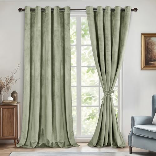 DWCN Velvet Curtains Extra Wide - Super Soft Luxury Thick Grommet Tieable Window Treatments Room Darkening Privacy Protect Drapes for Bedroom Living Room Home Decor, W60 x L96, Light Sage, 2 Panels