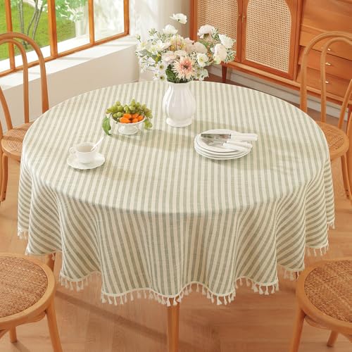 "TruDelve Round Tablecloth 70 Inch Olive Green Striped Cloth Tablecloths Spring Outdoor Table Cloth Round Cover (Green,70"",Round)"