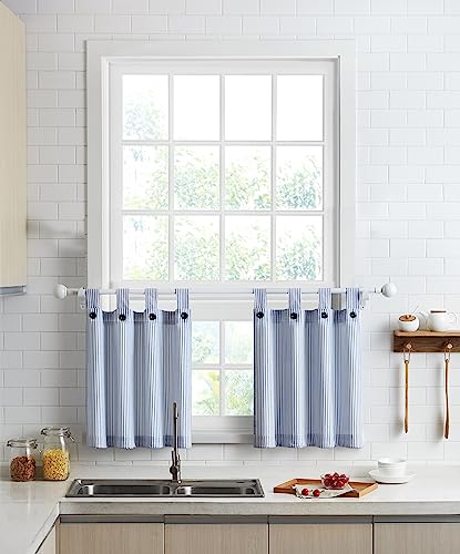 "July Joy Cotton Tier Curtains 24 Inches Long Country Kitchen Curtains Tab Top for Small Window Bathroom Farmhouse 27"" x 24"" x 2, Navy"