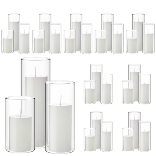 Shihanee 60 Pcs Pillar Candles and Glass Cylinder Vases Clear Cylinder Holders for Slim Pillar Candles Table Decoration (White)