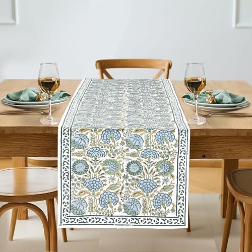 "Ridhi Asparagus Green Hand Block Print 100% Cotton Reusable Table Runner 16"" X 90"" Inches Table Runner Decorative Everyday Use for Dining, Home, Party, Wedding, Fall, Christmas, Thanksgiving"
