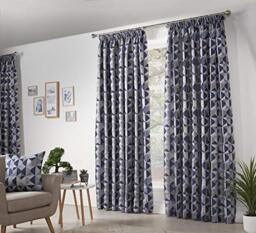 Skandi Taped Pencil Pleat Curtains Fully Lined Weave Jacquard Navy 46x90