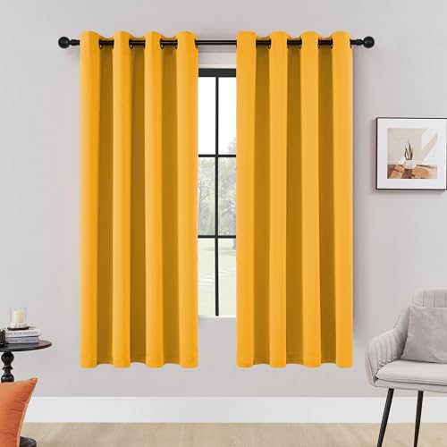HUTO Blackout Curtain Panels 72 Inch - Window Treatment Energy Saving Thermal Insulated Solid Antique Copper Grommet Drapes for Living Room, 1 Pair, 52 by 72 Inch, Gold Yellow