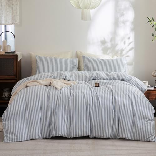 FOSSA Striped Duvet Cover Set 100% Washed Cotton Linen Feel Super King Plus - Super Soft Breathable Lightweight & All Season Bedding Set with Hidden Zipper & 8 Corner Ties (Cornflower Blue)