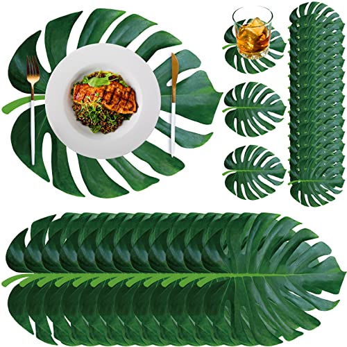 Geosar 200 Disposable Paper Placemats and Coasters Set Summer Hawaiian Luau Placemat with Coasters Outdoor Indoor for Greenery Jungle Dining Table Decoration Shower Birthday(Palm Leaf)