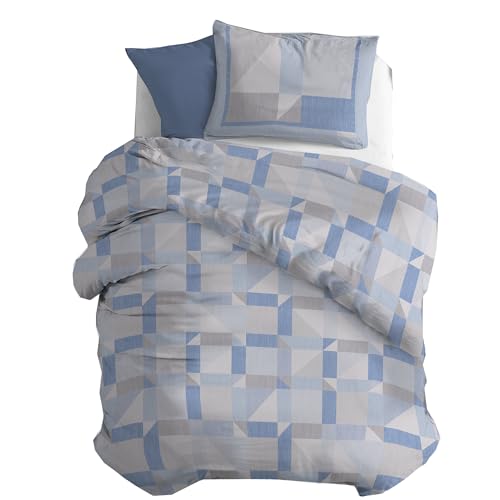 PENSIERI DELICATI 100% Cotton Flannelette Single Duvet Cover Set, 155 x 200 cm Bag and Pillowcase 52 x 82 cm, Made in Italy, Duvet Cover Machine Washable at 40 Degrees, Blue Athens Pattern