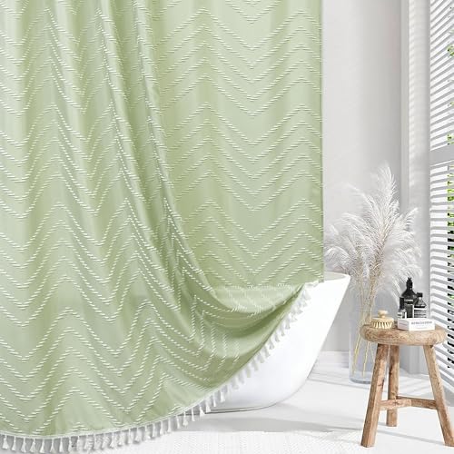 Siiluminisoy Boho White Tassel Shower Curtain - Woven Fabric Sage Green 72 x 72 - Modern Farmhouse Textured Tufted Chevron Striped Minimalist Bathroom Decor