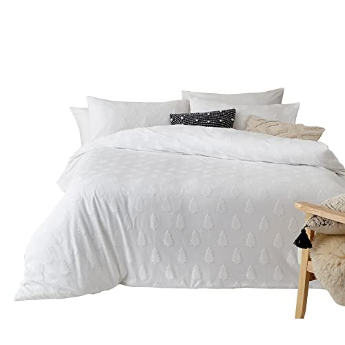 The Linen Yard Tufted Tree Double Duvet Cover Set,3 pieces, Cotton, Snow