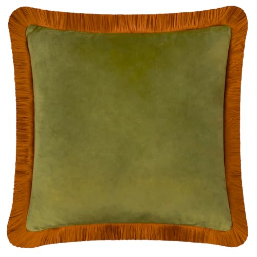 furn. Halo Fringed Velvet Polyester Filled Cushion (Olive/Ginger - 50x50cm) - Soft Colour Block Contrasting Trim Luxury Decorative Pillow