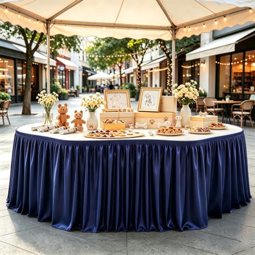 PARTISKY 14ft Length Satin Navy Blue Table Skirt Rectangle Tables, Wrinkle Free Pleated Ruffle Table Skirting Desk Cover Skirt for Teacher Classroon Office Weddings Birthday Party Banquet Decorations