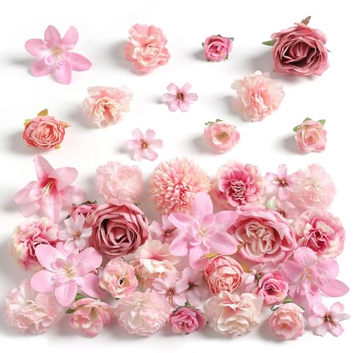 rongflower Fake Flower Heads for Crafts - Pink Silk Artificial Roses, Peonies, Daisies & Mini Floral Heads Bulk (48-Pack) for Wedding Decor, Graduation Cap, Cake Topper, Baby Shower, Home Decoration