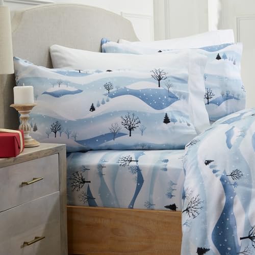 Market & Place 100% Cotton Full Flannel Sheet Set - 4 Piece Deep Pocket Novelty Cozy Winter Bed Sheets - Double Brushed for Extra Softness & Comfort - Alpine Collection (Full, Winter Landscape)