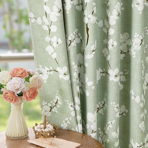 FMFUNCTEX 100% Blackout Green Floral Curtains 96 Inch Rod Pocket 2 Panels - 100% Black Out Drapes, Blossom Patterned, Thermal Insulated, Cottage Farmhouse, for Living Room, Rod pocket, White on Green