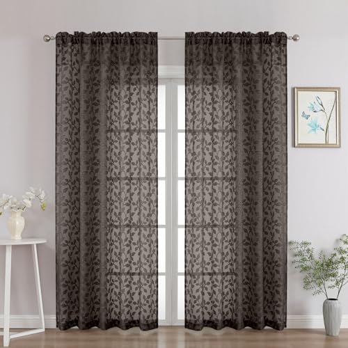 "Chyhomenyc Chocolate Sheer Curtains 84 Inch Length 2 Panels Set, Light Filtering Tufted Textured Soft Airy Rod Pocket Gentle Leaf Window Treatment Drapes for Bedroom Living Room, 52"" Wx84 L, 2PCS"